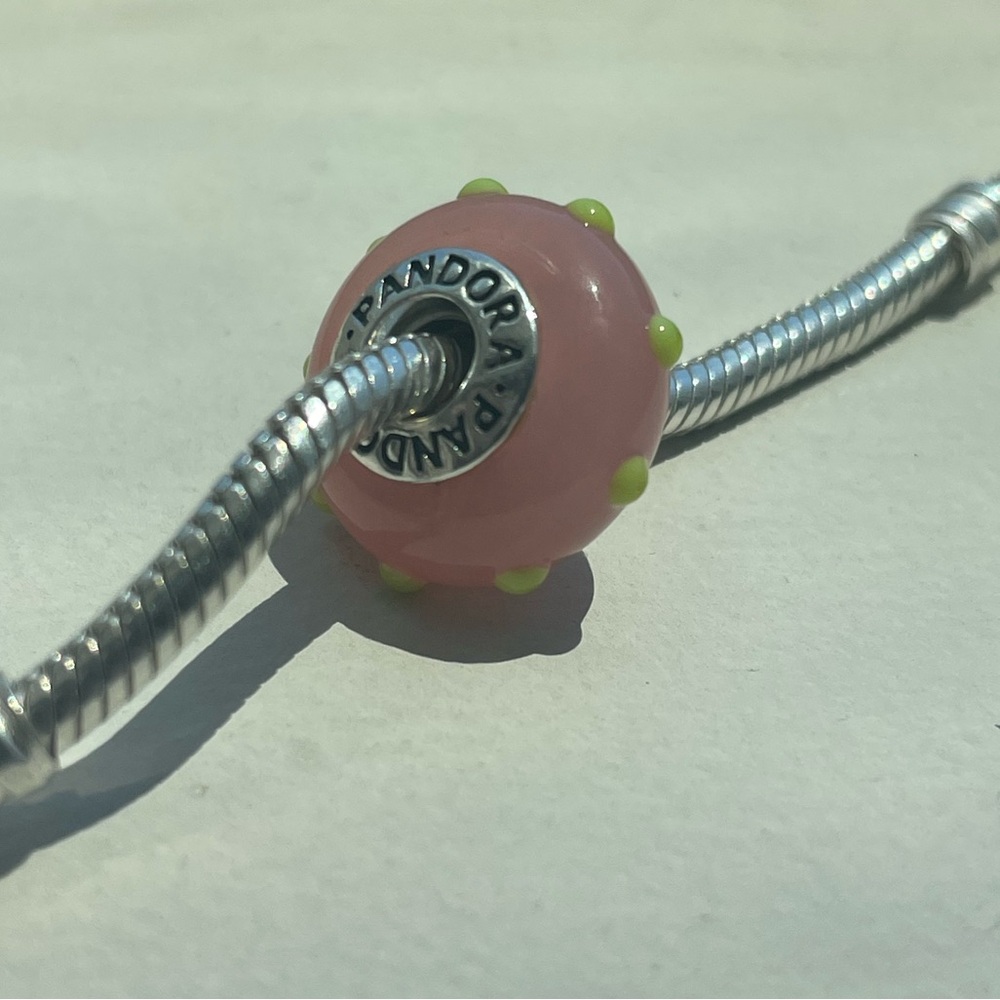 Retired Pandora Murano Glass Charm - Pink with lime green dots